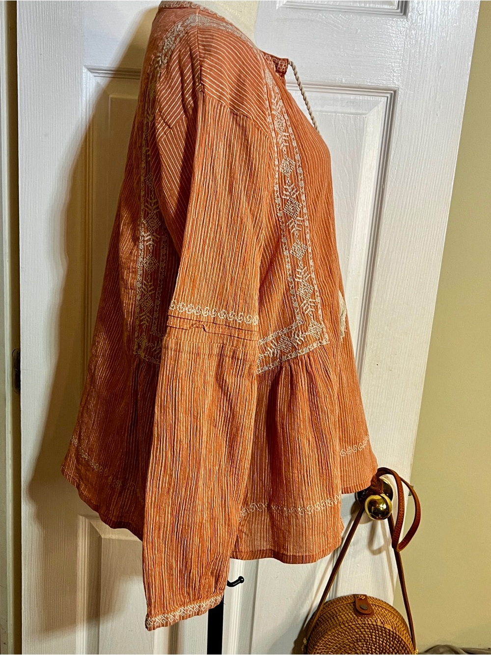 Garnet Hill Cotton Rusty Coral Embroidery Pleated Striped Tassel Peasant Top 18 - Picture 4 of 12